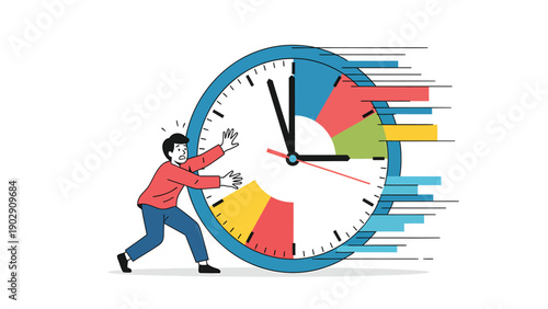 Stressed person struggling to stop a rapidly moving clock, symbolizing time management, urgency, and deadline pressure
