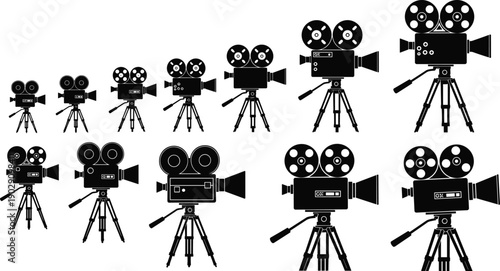 Vintage film camera silhouettes set showing classic movie cameras on tripods, cinematic equipment collection for filmmaking, video production, media 