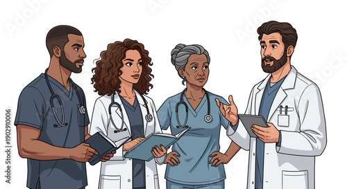 vector healthcare of a diverse medical team, including male and female doctors and nurses, collaborating in a discussion with clipboards and a tablet.