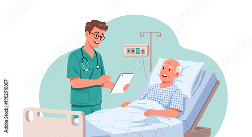 vector healthcare of a male nurse or doctor discussing treatment with an elderly Asian patient in a hospital bed, using a tablet for medical information.