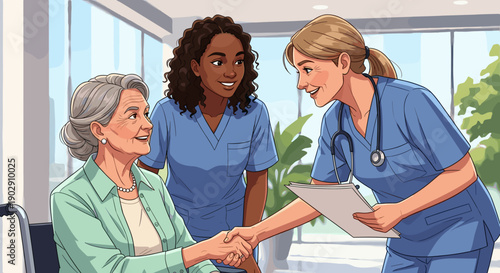 vector healthcare of two compassionate female nurses greeting an elderly woman in a wheelchair, providing friendly and professional senior care support.
