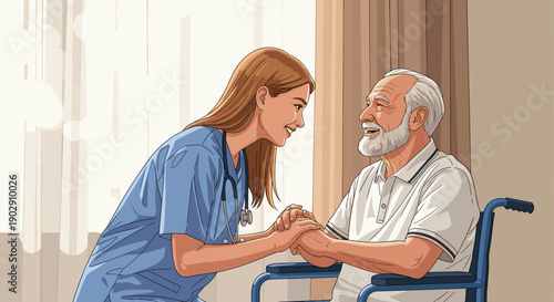 vector healthcare of a compassionate female nurse comforting an elderly man in a wheelchair by holding his hands, providing emotional support and care.