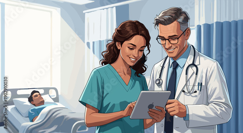 vector healthcare of a male doctor and female nurse reviewing patient data on a tablet in a hospital room, utilizing digital tools for informed medical care.