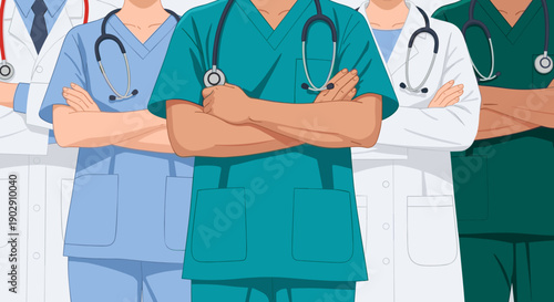 vector healthcare of a diverse group of medical professionals with arms crossed, representing a united and confident hospital or clinic staff.