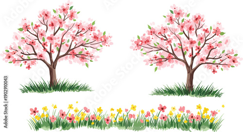 Watercolor Illustration of Pink Cherry Blossom Trees and Spring Flower Bed with Green Grass for Seasonal Nature Beauty Garden Design and Romantic Floral Background