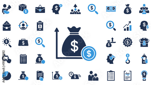 Dynamic financial and economic icons illustrating business growth and investment trends.