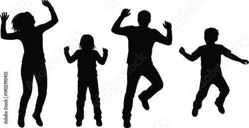Happy family jumping silhouettes, parents and children celebrating together isolated on white background joy fun lifestyle illustration design concept people