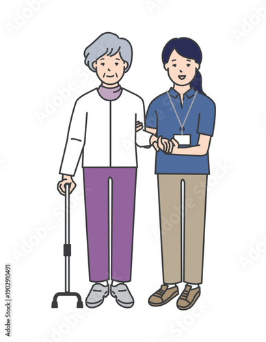 高齢者の歩行介助をする介護士のイラストベクター素材