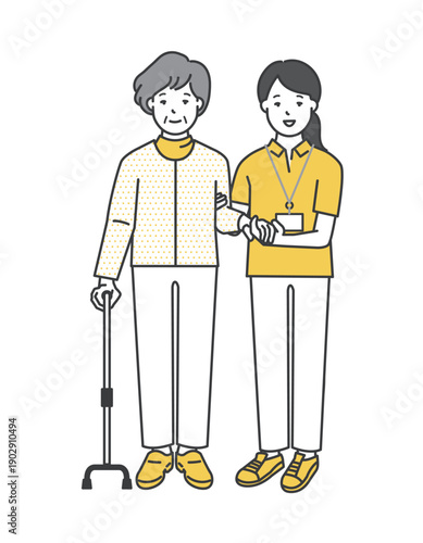 高齢者の歩行介助をする介護士のイラストベクター素材