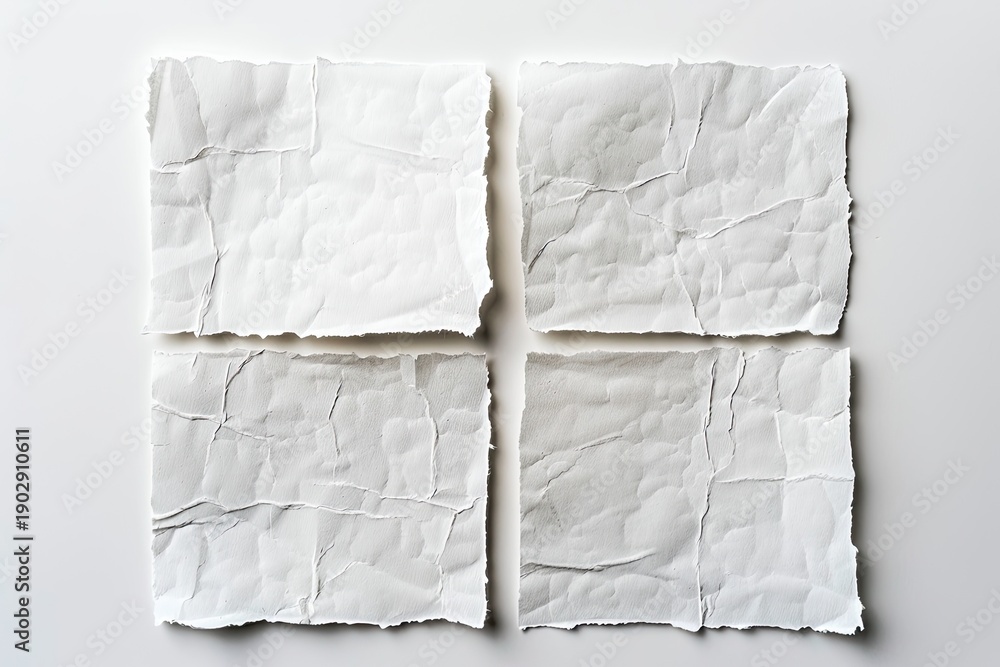 Obraz premium Four Crumpled Papers on a Plain Backdrop. Possible Use Design, Layout, Background