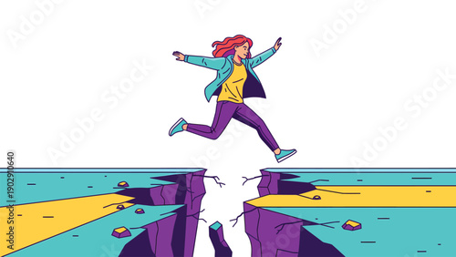 Woman leaping over a chasm, symbolizing courage, progress, and overcoming challenges and obstacles in business or life.