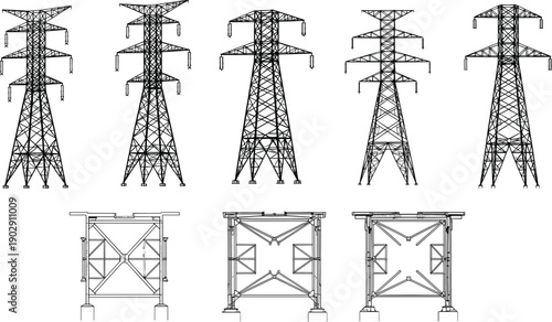 Electric power transmission tower silhouette set with high voltage pylons and steel lattice structures, energy infrastructure elements isolated on white background vector illustration