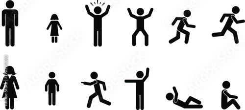 Human stick figure pictogram icons set, people actions poses symbols, black and white minimal vector illustration collection isolated design elements