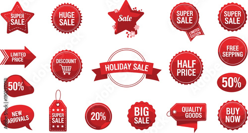 Holiday sale promotional red badges collection with discount labels, super sale stickers, limited price tags, new arrivals offers, buy now vector set
