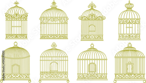Elegant vintage birdcage collection with ornate golden decorative designs, classic wrought cages illustration set for retro decor and craft projects