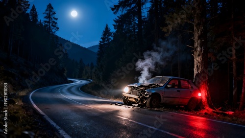 Car accident scene on a dark, wet mountain road at night with emergency lights flashing
