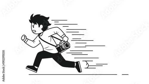 Energetic cartoon photographer running fast with camera. Black and white illustration of urgent action and speed.