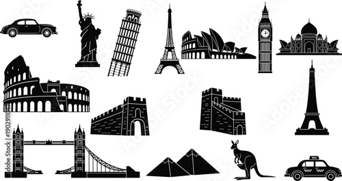 Famous world landmark silhouettes collection with iconic monuments, global travel destinations, architecture symbols, animals and vehicles, black and white vector illustration set