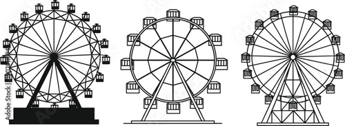 Ferris wheel silhouette set with amusement park observation wheels, carnival ride icons and urban landmarks isolated on white background vector illustration