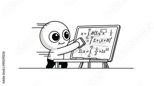 Cartoon character quickly solving complex math equations on whiteboard