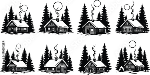 Log cabin silhouettes collection in pine forest, featuring winter woodland houses moonlit night rustic nature black vector illustration set