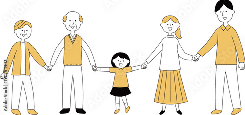 笑顔で手を繋ぐ三世代家族単色