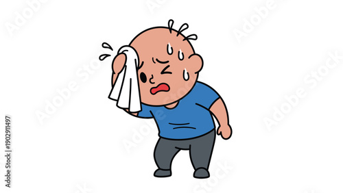Cartoon illustration of a person sweating profusely and wiping their forehead with a towel, depicting heat, exhaustion, or discomfort.