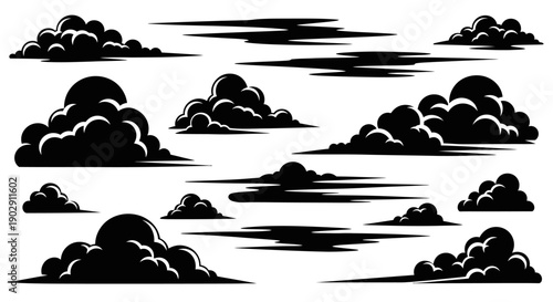 Dramatic Black Cloud Silhouettes Set, Stylized Vector Illustration for Design