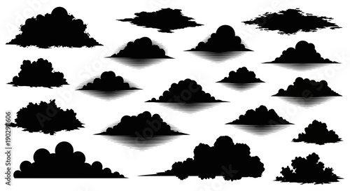 Collection of Diverse Black Silhouette Clouds with Dramatic Shadows on White Background