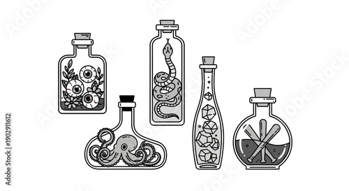 Collection of Five Halloween Potion Bottles with Spooky Contents