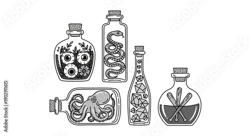 Collection of Whimsical Potion Bottles Containing Various Magical and Mysterious Contents