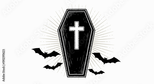 Dark Coffin with Cross and Bats Symbolizing Death, Halloween, and the Supernatural