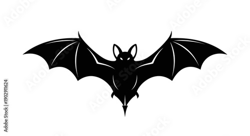 Black Bat Silhouette Spreading Wings Isolated on White Background - Halloween Icon