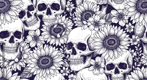 Dark Vintage Skulls and Sunflowers Seamless Pattern for Halloween or Gothic Design