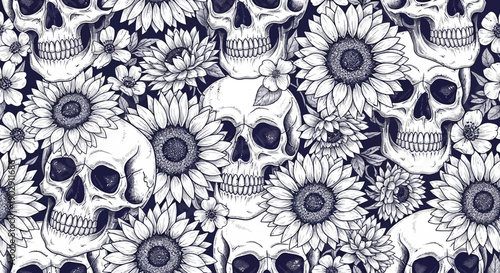 Dark Floral Pattern: Skulls and Sunflowers with Vintage Hand-Drawn Illustration Style