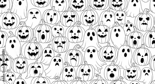 Seamless Pattern of Halloween Pumpkins and Ghosts, Black and White Art