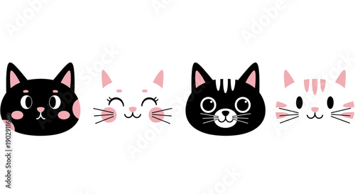 Cute Cartoon Cat Faces Set: Black and White Kittens with Pink Accents