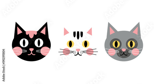 Cute Cartoon Cats Faces Collection: Black, White and Grey Kittens with Pink Cheeks