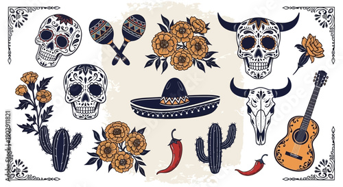 Traditional Mexican Day of the Dead Skull Sugar Skull and Marigold Flower Artwork