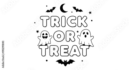 Happy Halloween Trick or Treat greeting with cute ghosts, bats, and moon illustration