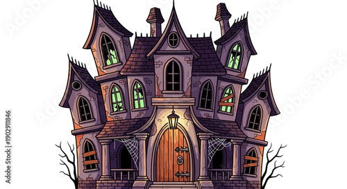 Spooky Haunted House with Broken and Cobwebs for Halloween Celebration