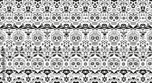 Seamless Day of the Dead Skull Pattern with Floral and Heart Ornaments in Black and White