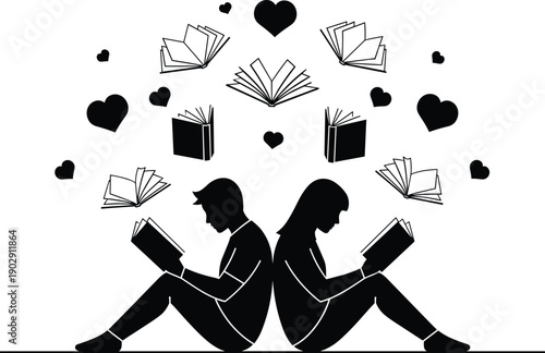 Man and woman reading books together, love for literature concept, romantic readers silhouette, black and white vector illustration design set