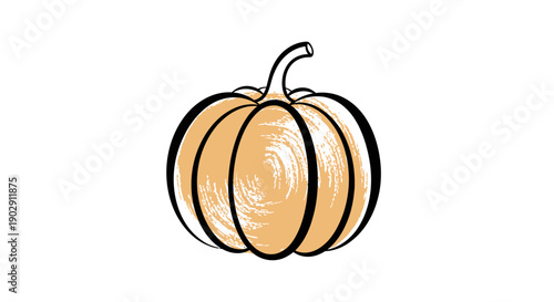 Stylized hand-drawn pumpkin with black outline and textured orange fill, isolated on white.