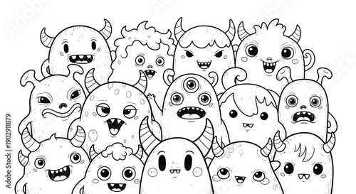 Cute hand-drawn doodle illustrations featuring a group of adorable cartoon monsters and quirky characters hanging out together.