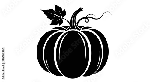 Black Silhouette of a Stylized Pumpkin with Stem and Leaf for Autumn or Halloween