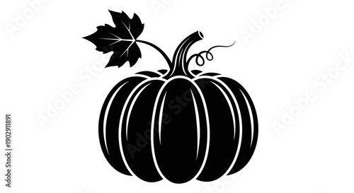 Black Silhouette of a Pumpkin with a Leaf and Vine on a White Background