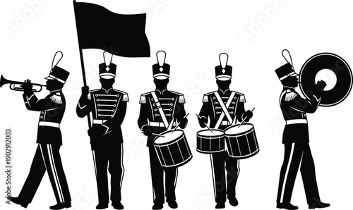 Marching band silhouettes collection, featuring military musicians flag bearer drummers brass instruments parade uniform black vector illustration set