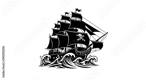 Black Pirate Ship Sailing Through Rough Seas with Jolly Roger Flag