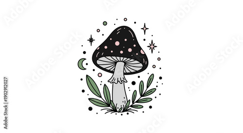 Whimsical Black Mushroom with Pink Spots and Stars, Illustrated for Fantasy and Magic Themes